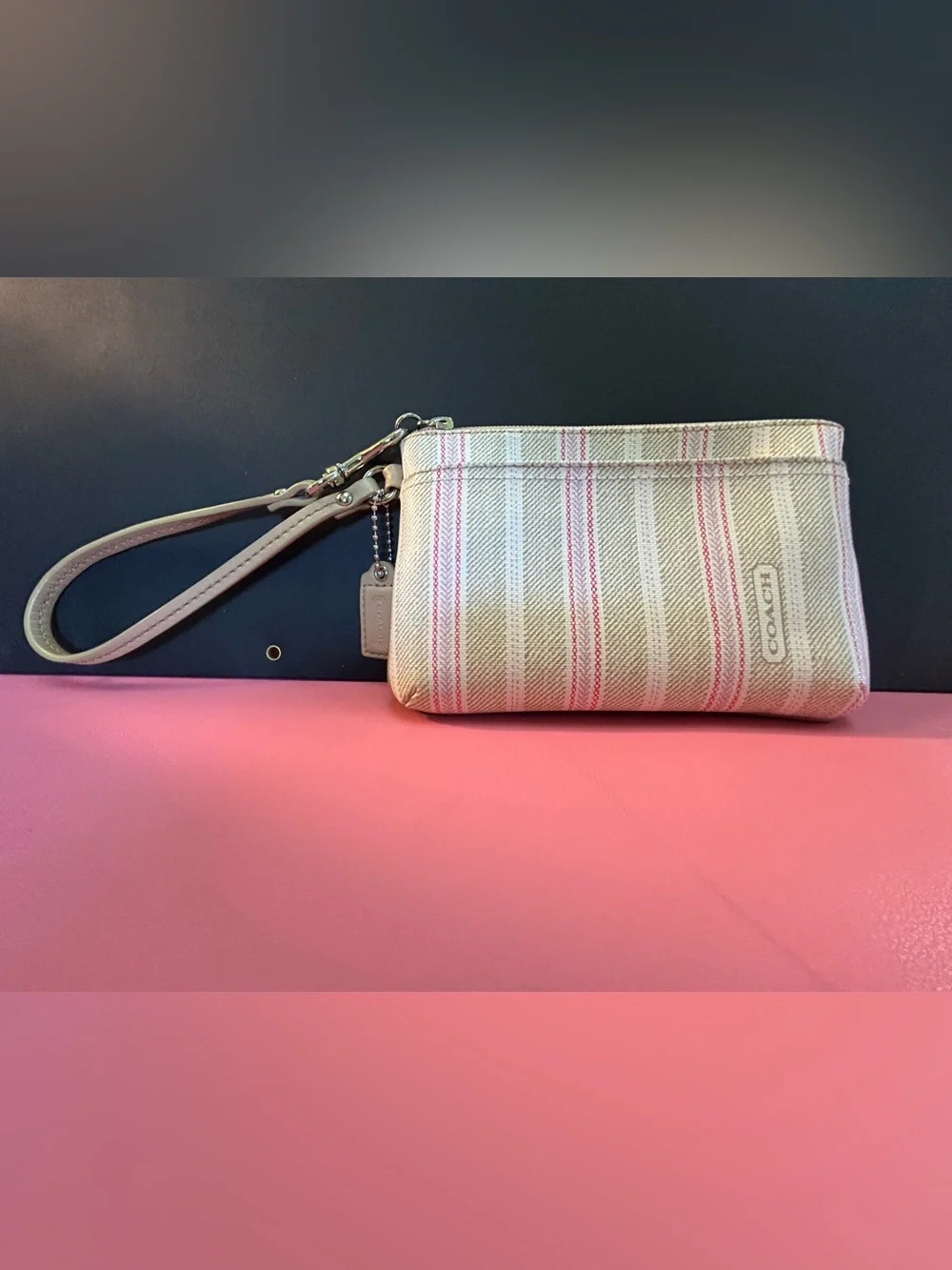 Coach Beige Stripe Wristlet with Pink Accents